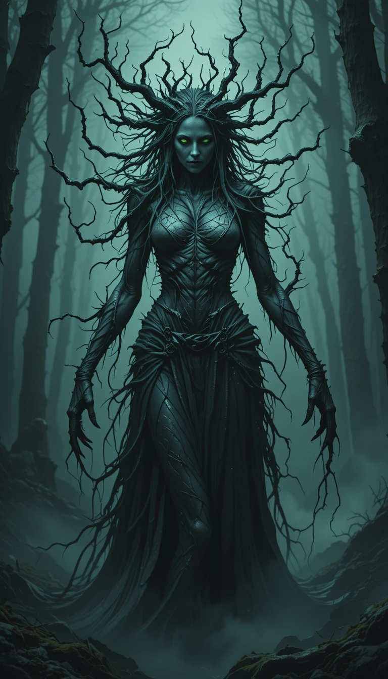 Corrupted female druid rising from a dark misty forest