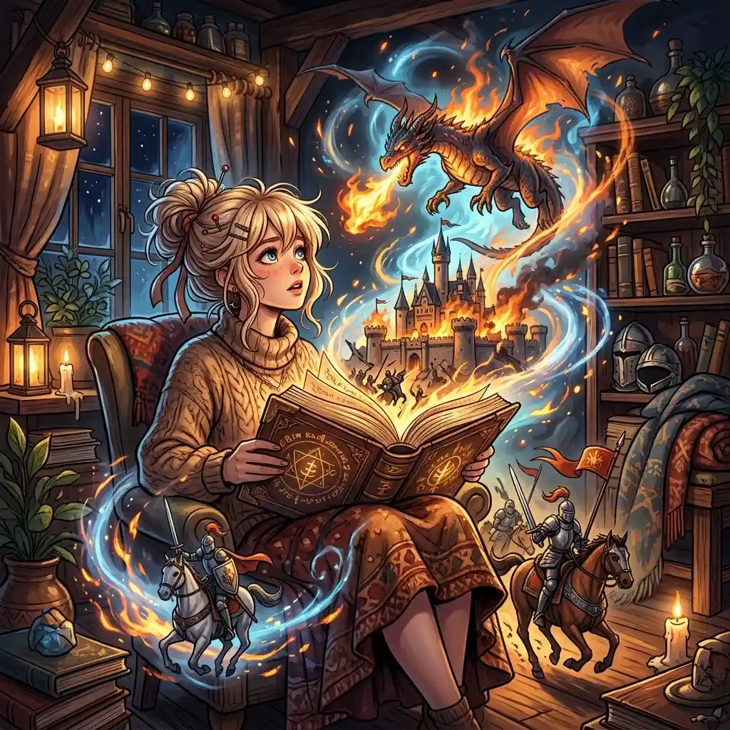 Girl reading a magic book in a dim fantasy bedroom