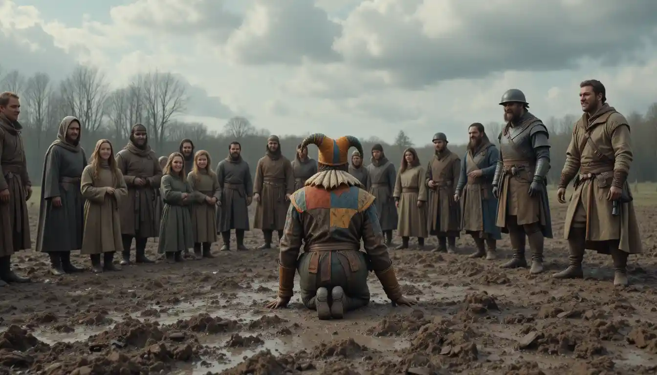 Medieval crowd mocking a seated jester in muddy field