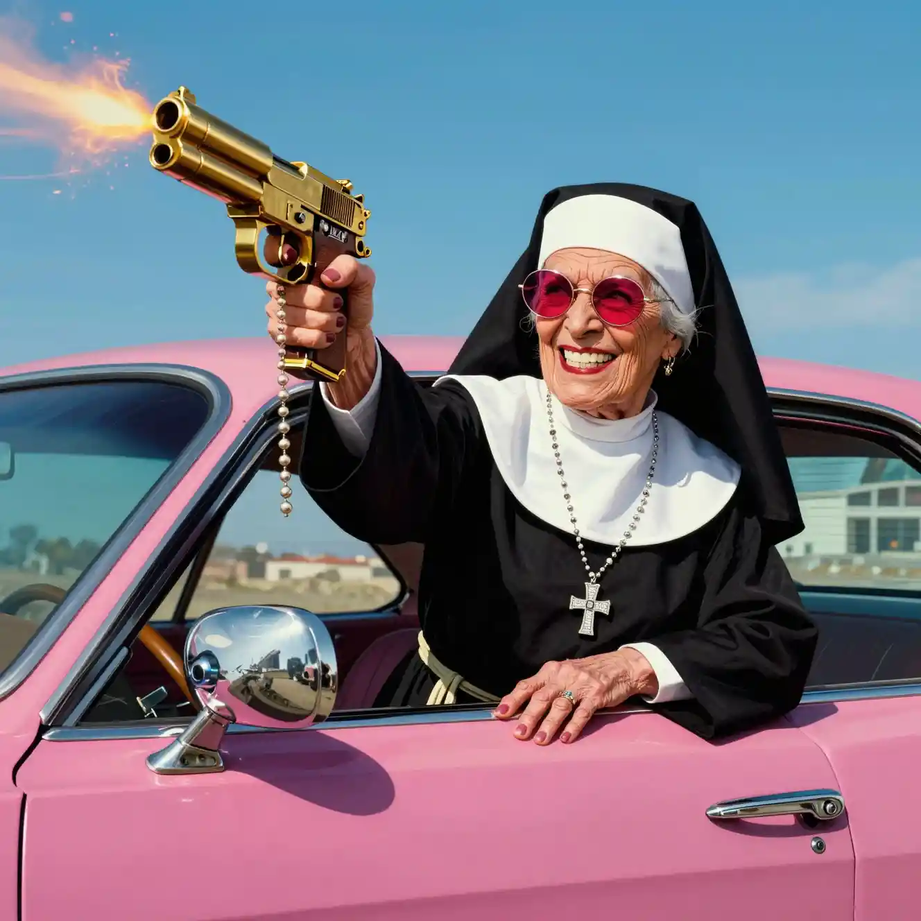 Defiant nun firing a gold pistol from lowrider window