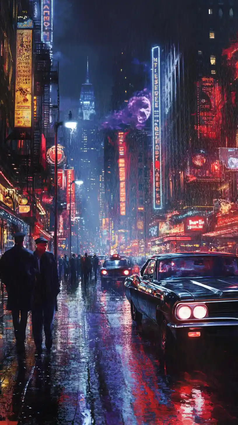 Man standing by a classic car on a quiet boulevard night