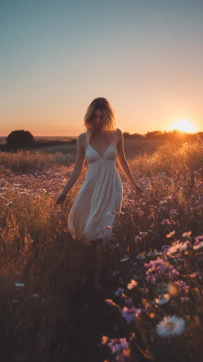 Mujer caminando por un campo de flores silvestres al atardecer