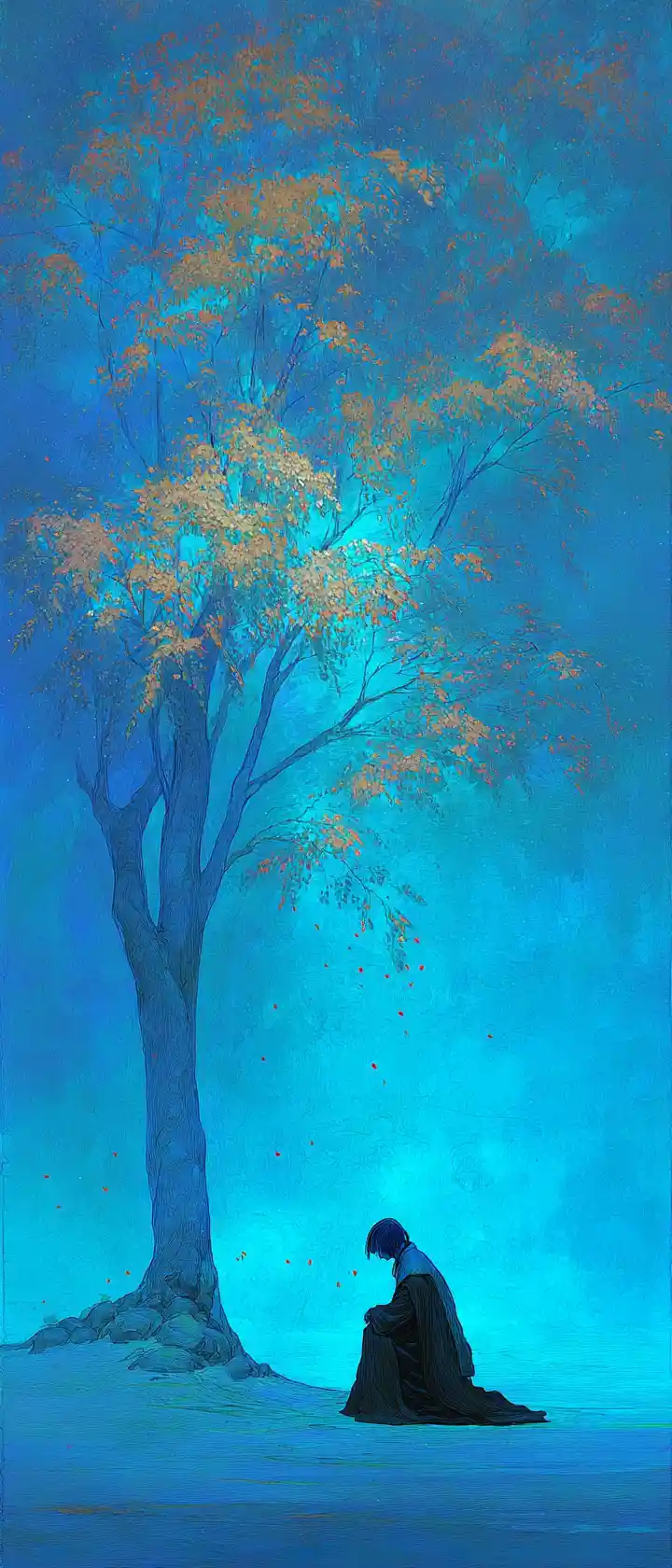 Anime guardian kneeling beside a glowing dying tree
