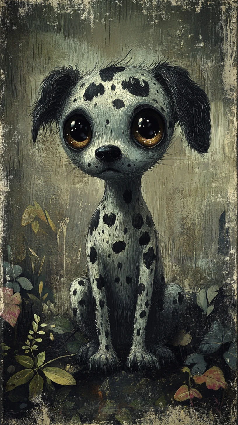 Whimsical gothic puppy in a dreamy forest vignette