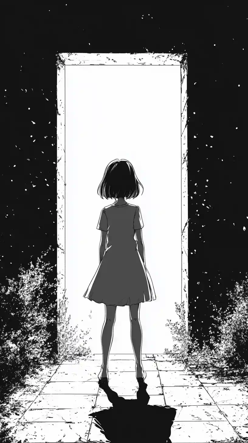 Girl Silhouette In Backlit Doorway With Tall Dark Walls