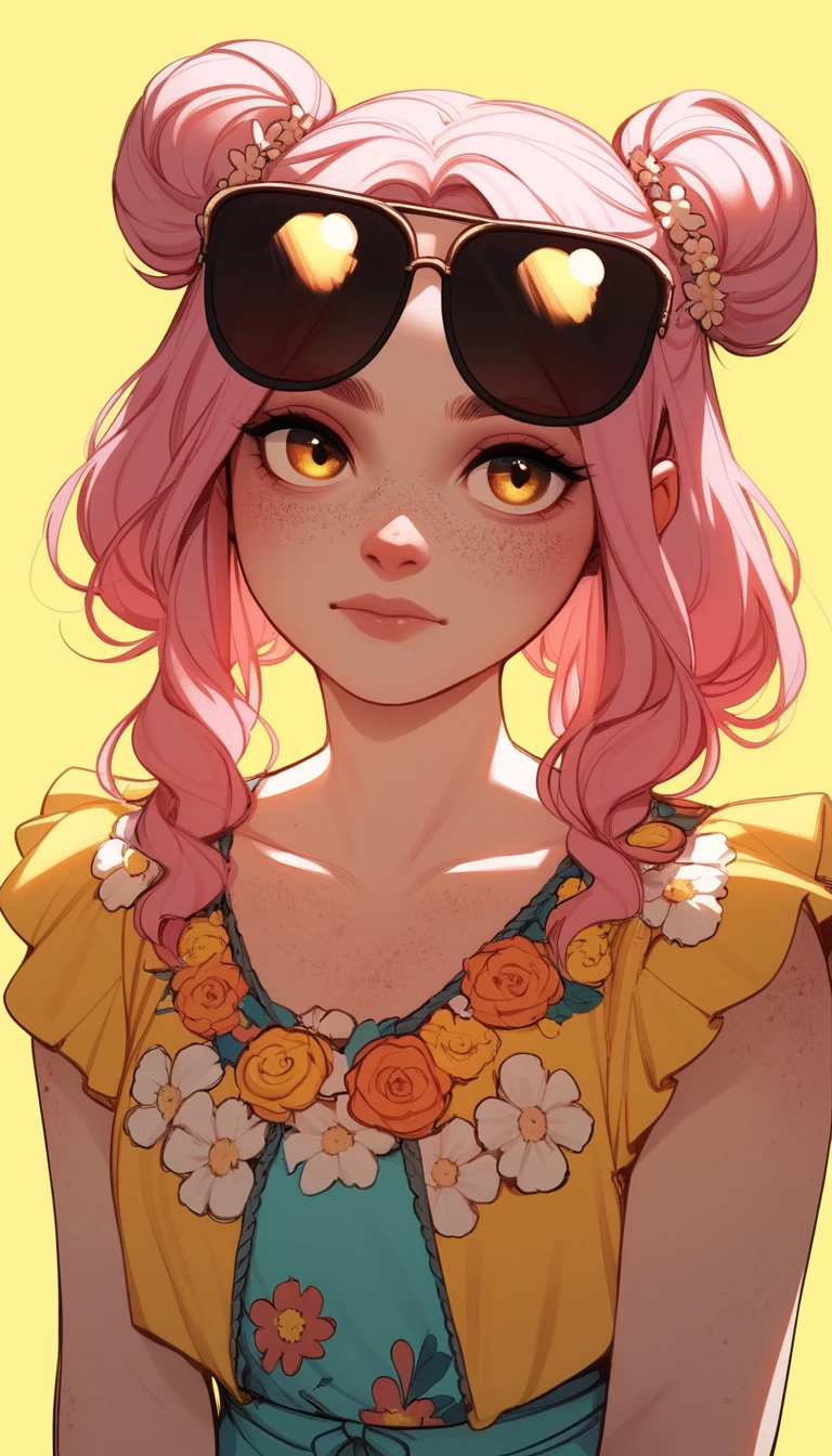 Pastel haired girl with floral outfit and sunglasses