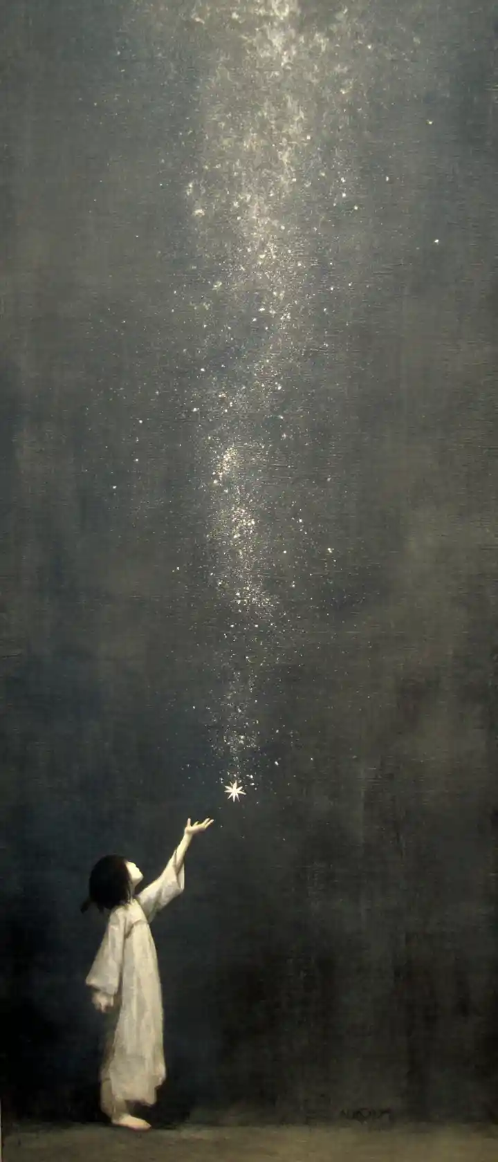 Anime child floating in a dark cosmos reaching for a fading star