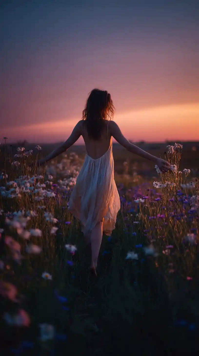 Woman walking through wildflower field at dusk