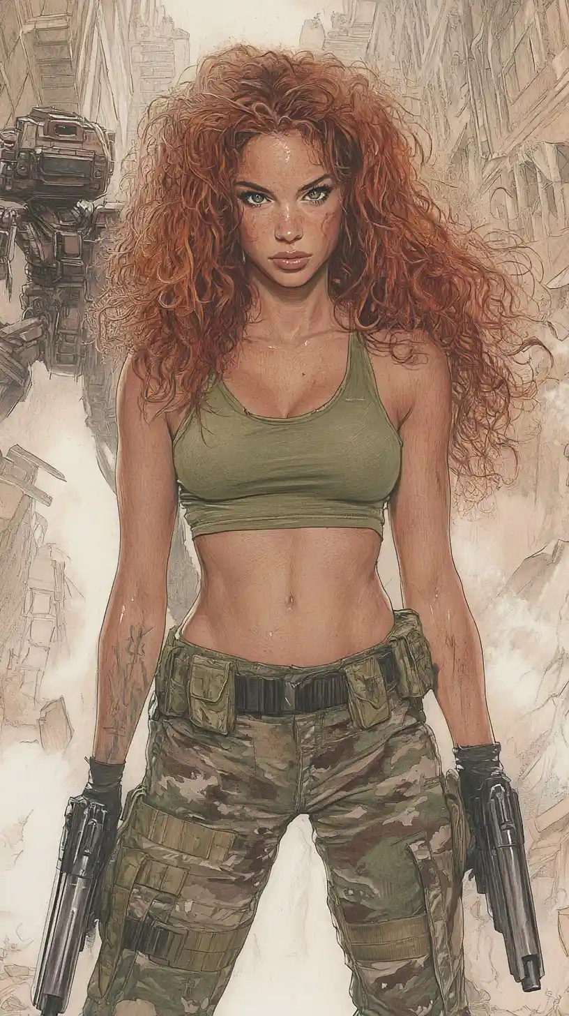 Battle worn woman with pistols in ruined cityscape