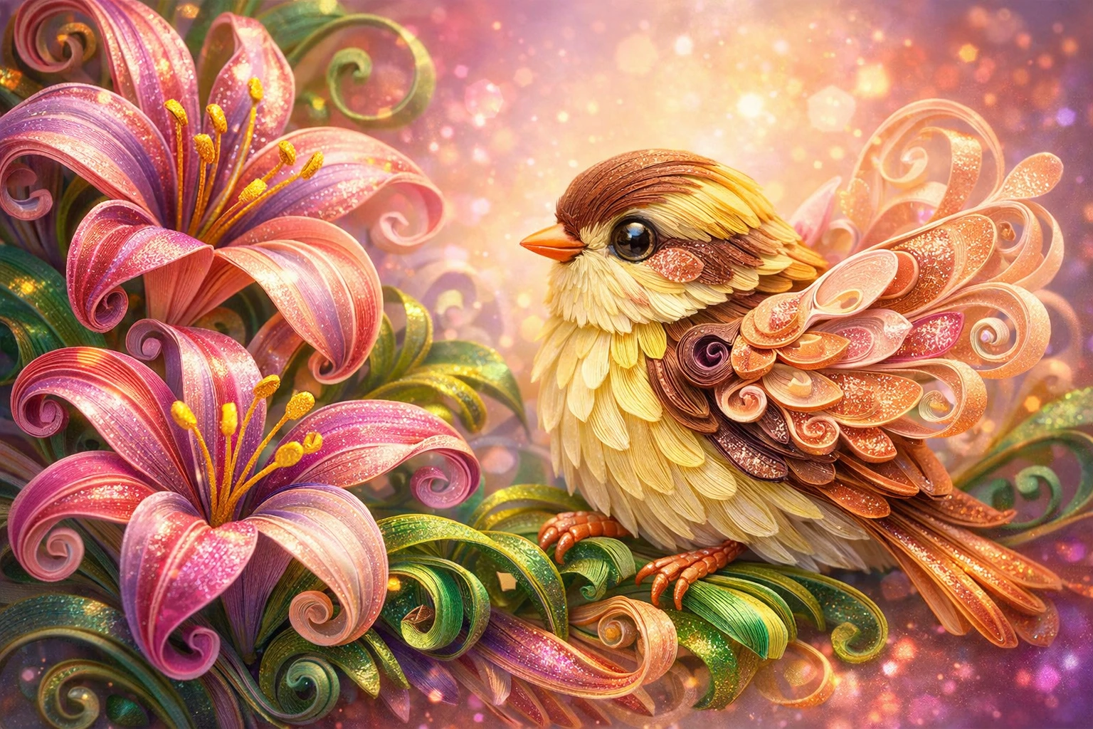 Whimsical paper quilling finch beside blooming paper lilies