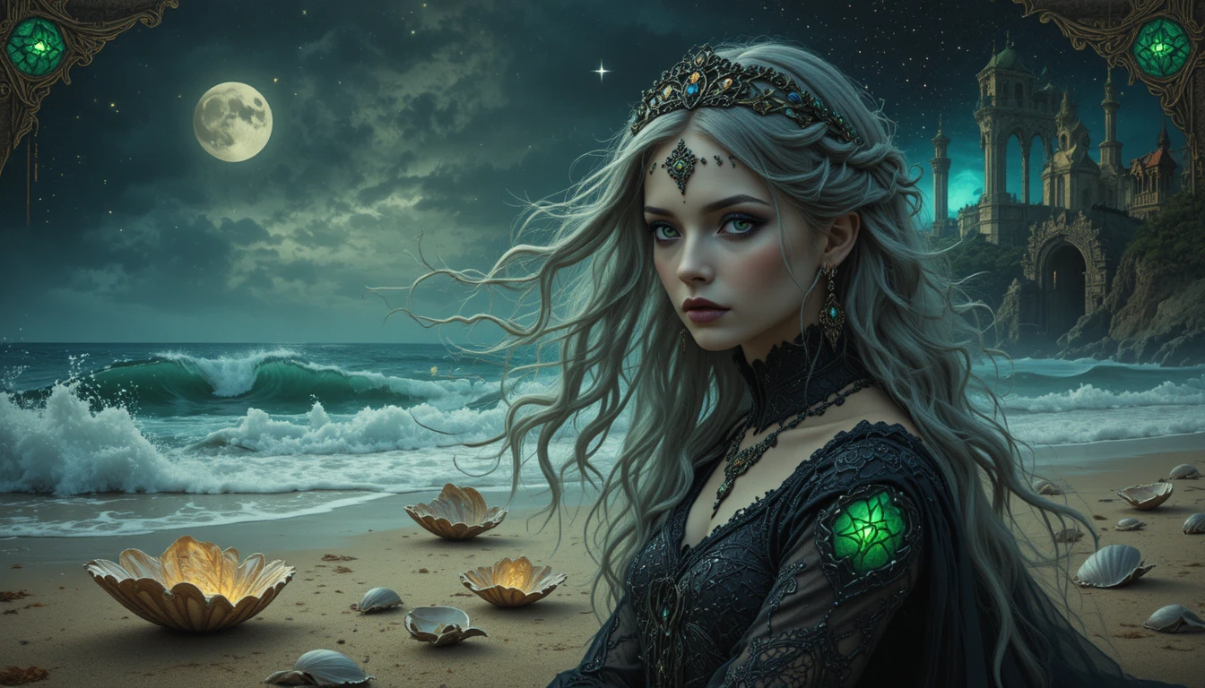 Gothic vampire woman in elegant Victorian dress at night