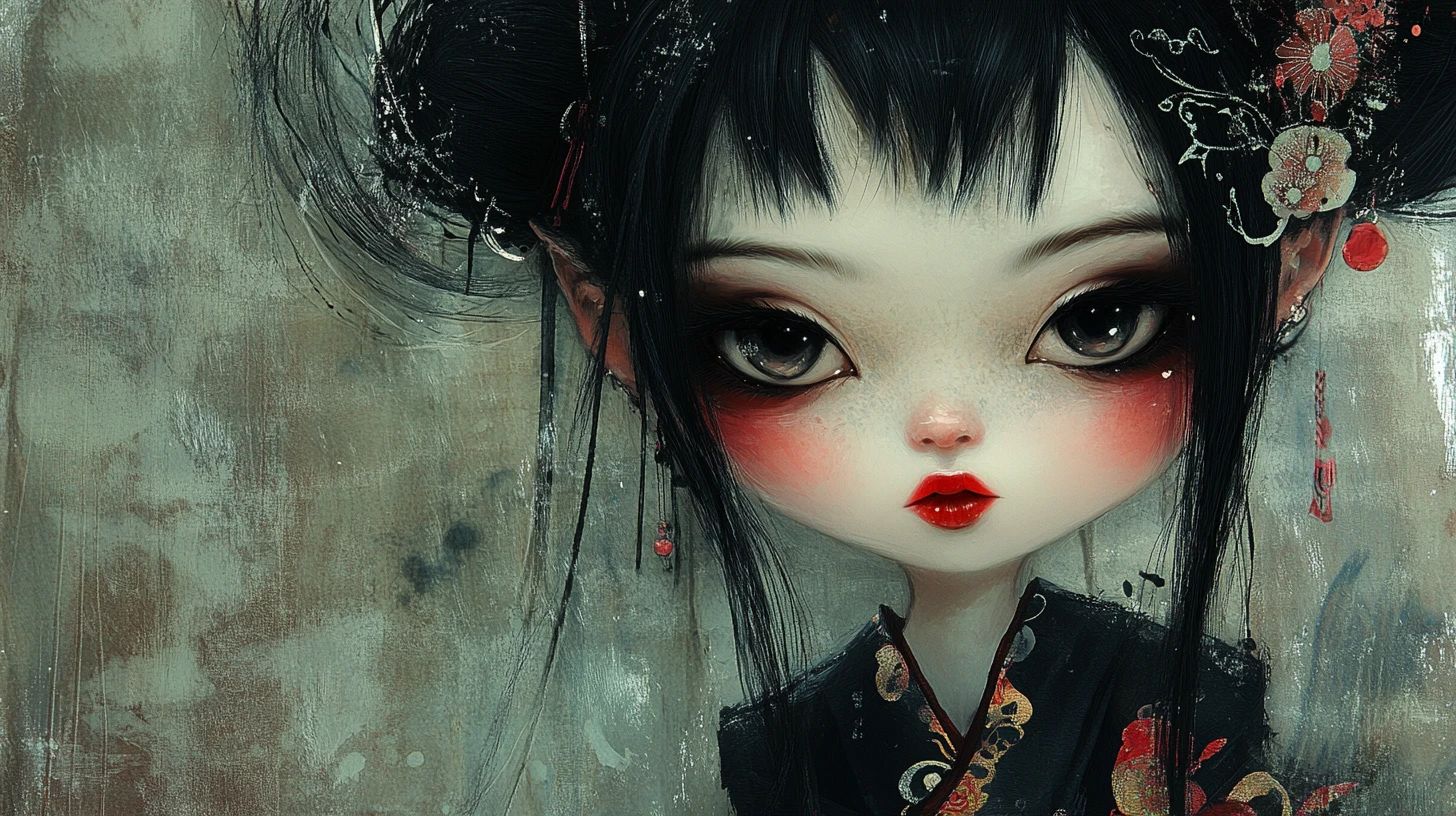 Gothic asian fairy doll with oversized head and eyes