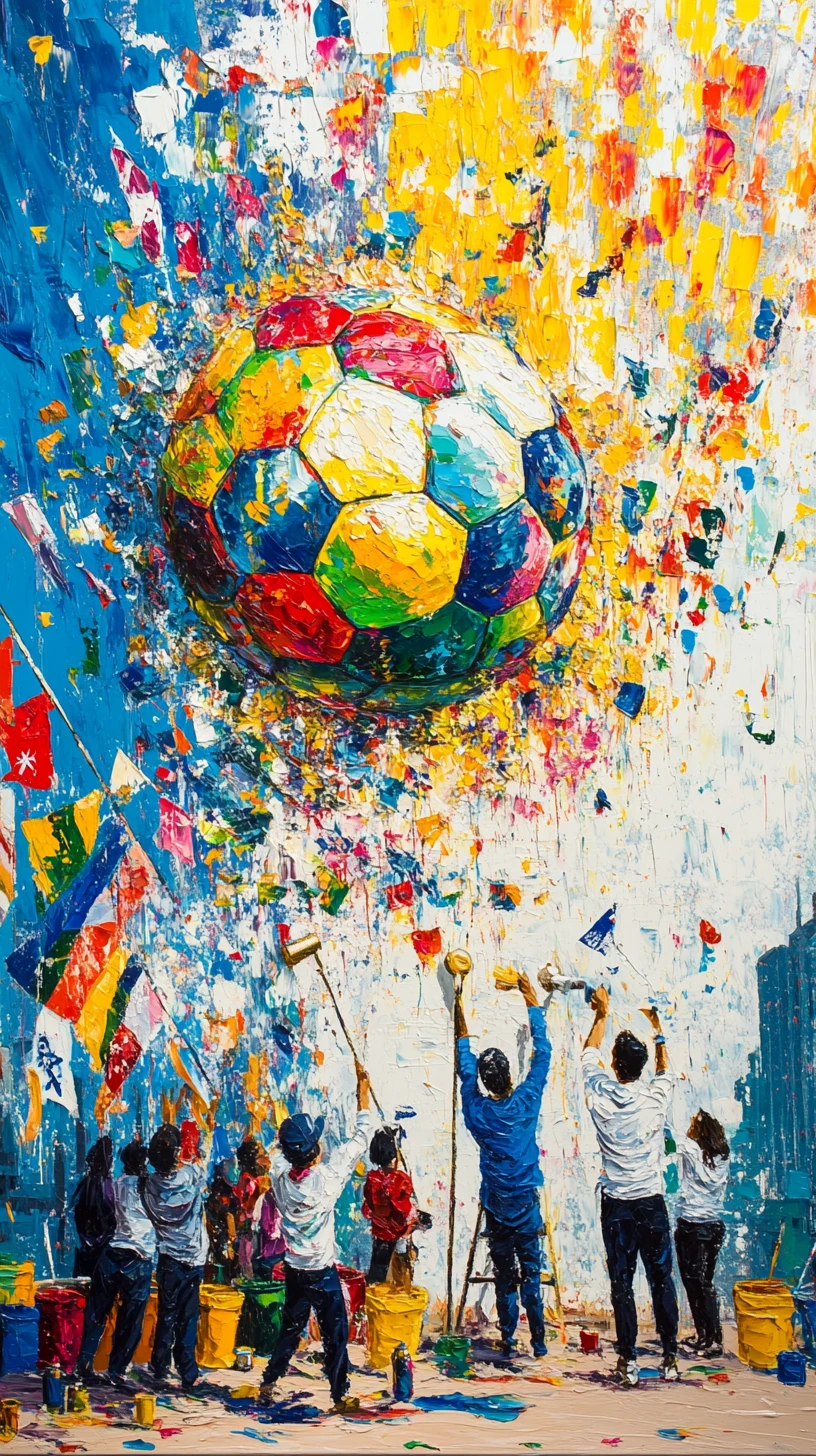 Des artistes peignant une immense fresque de football sur un mur de la ville