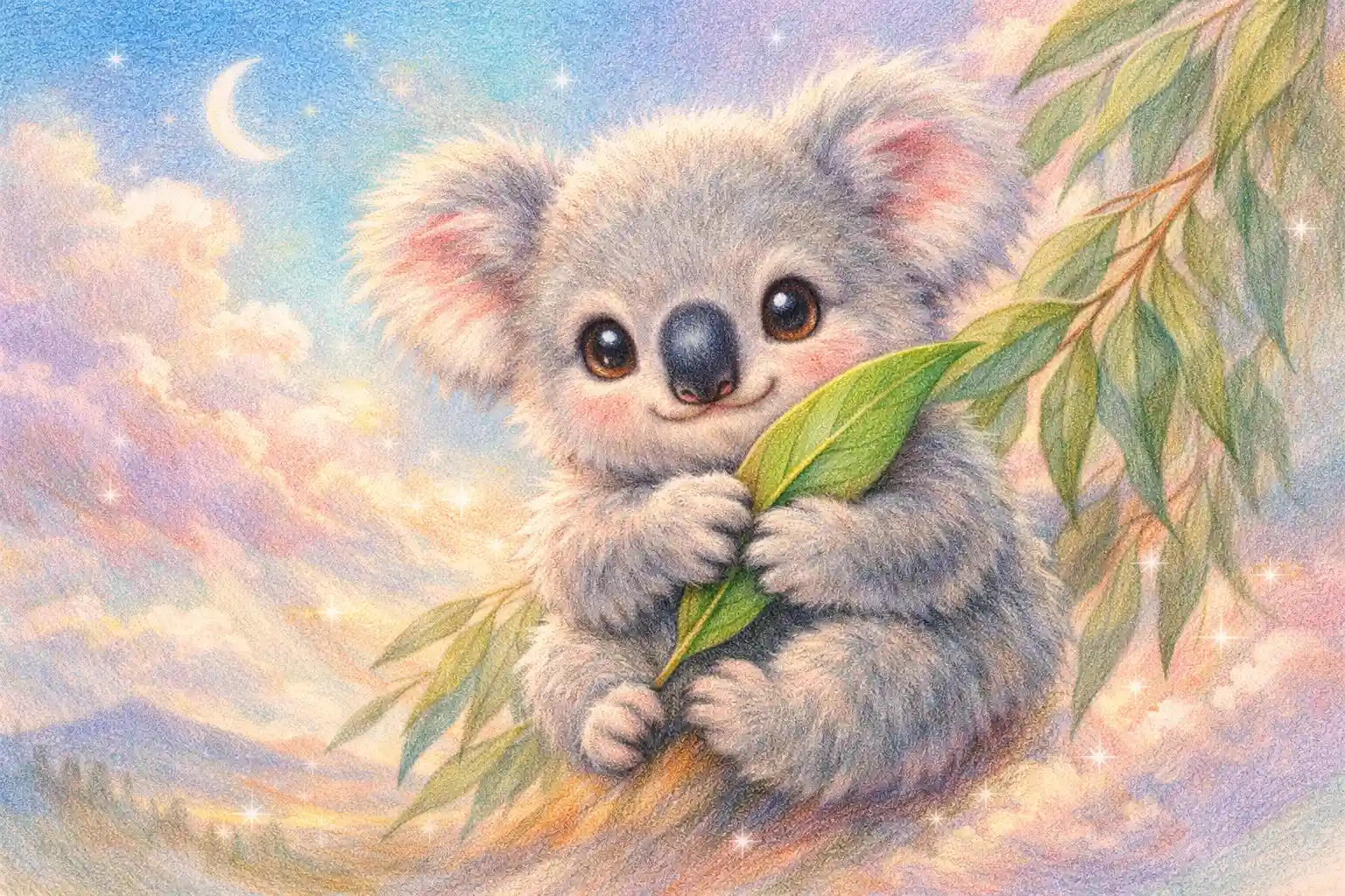 Baby koala holding eucalyptus leaf in soft pastel illustration