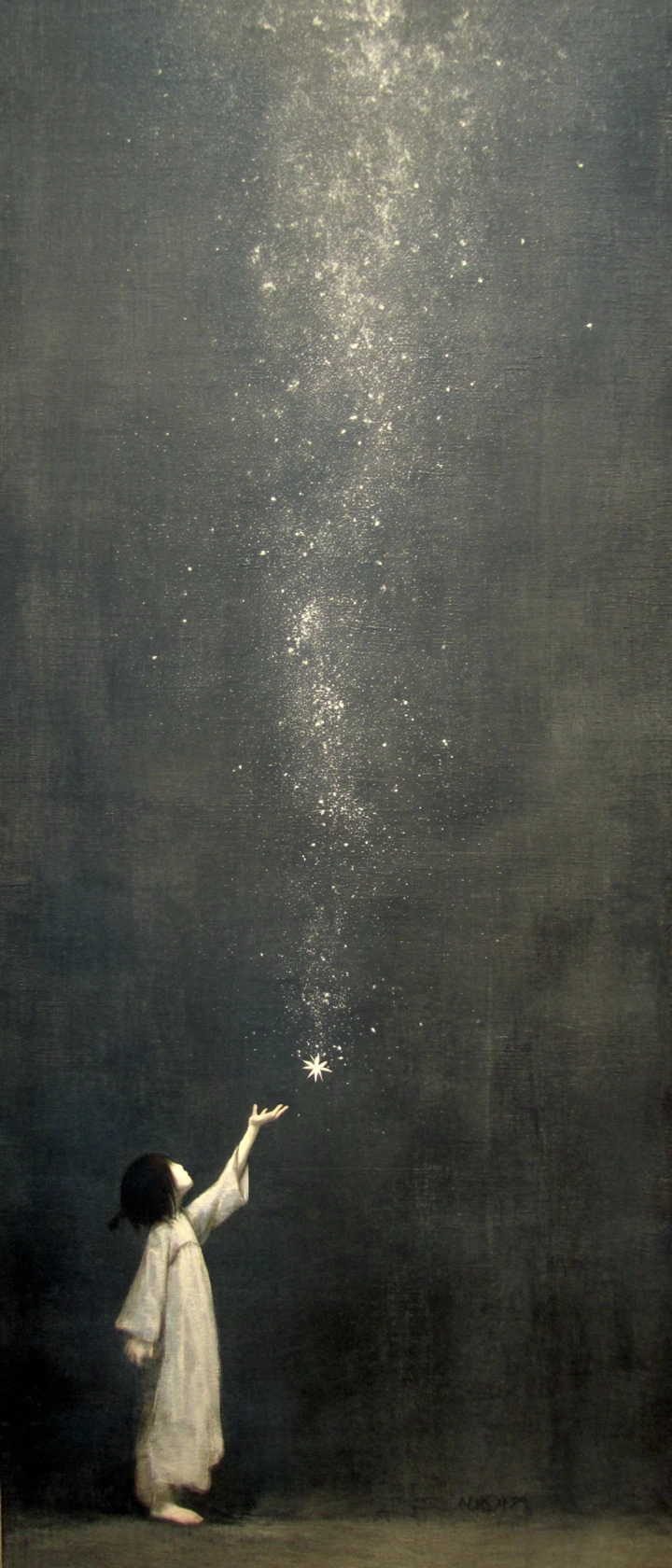 Anime child floating in a dark cosmos reaching for a fading star