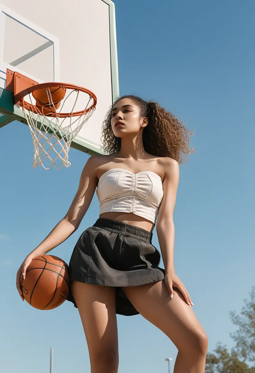 Confident woman on basketball hoop in baroque style portrait