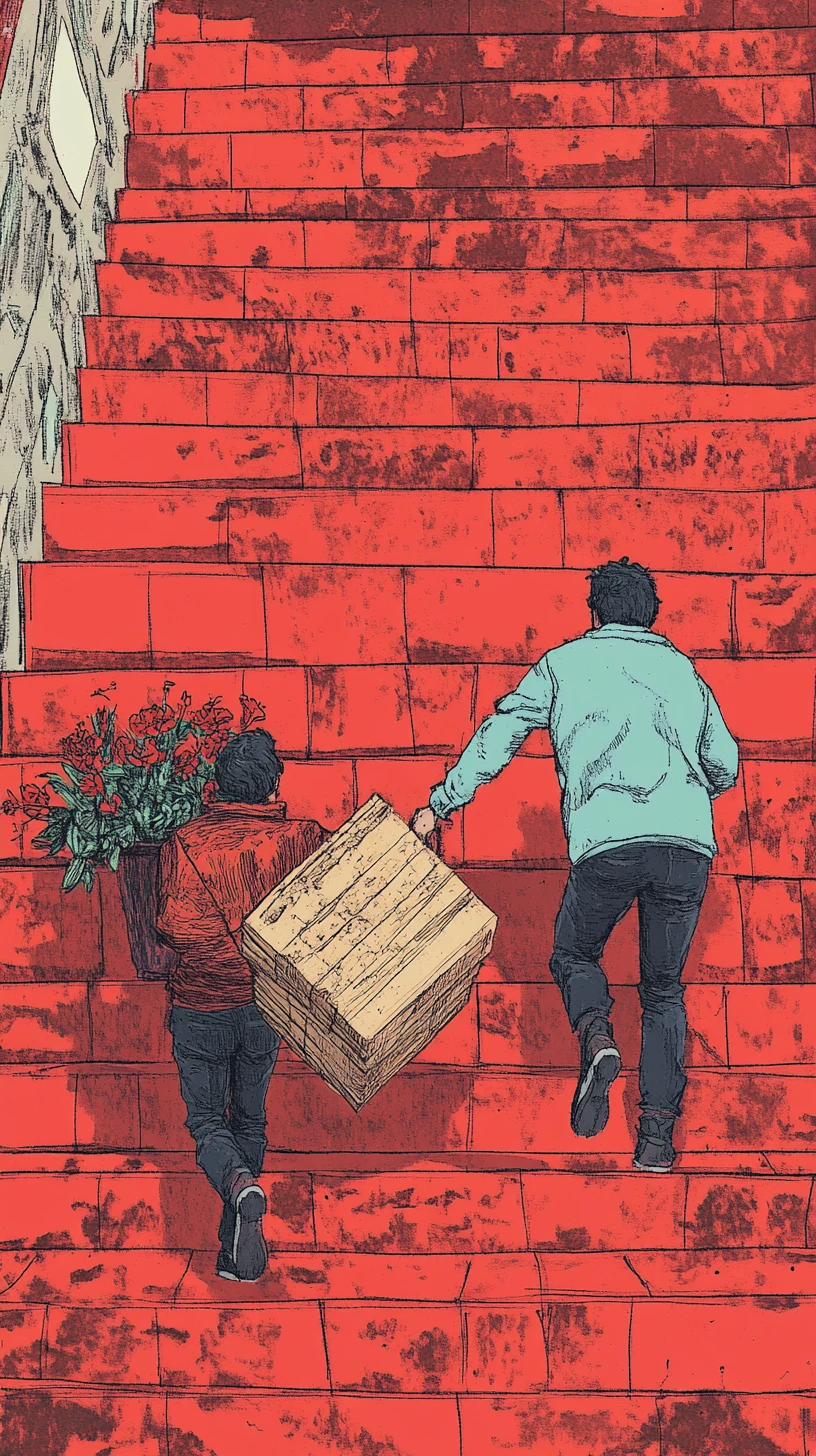 Dos mudanceros cargando un sofá pesado por una escalera exterior de ladrillo