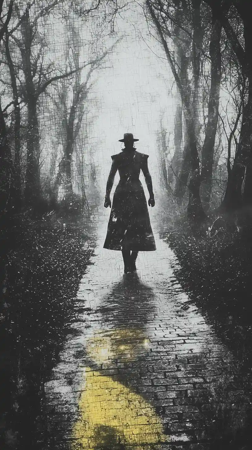 Ritratto in doppia esposizione di uomo di latta in una foresta magica