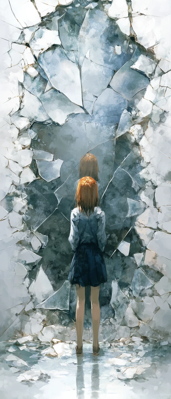 Heartbroken anime woman before a colossal cracked mirror