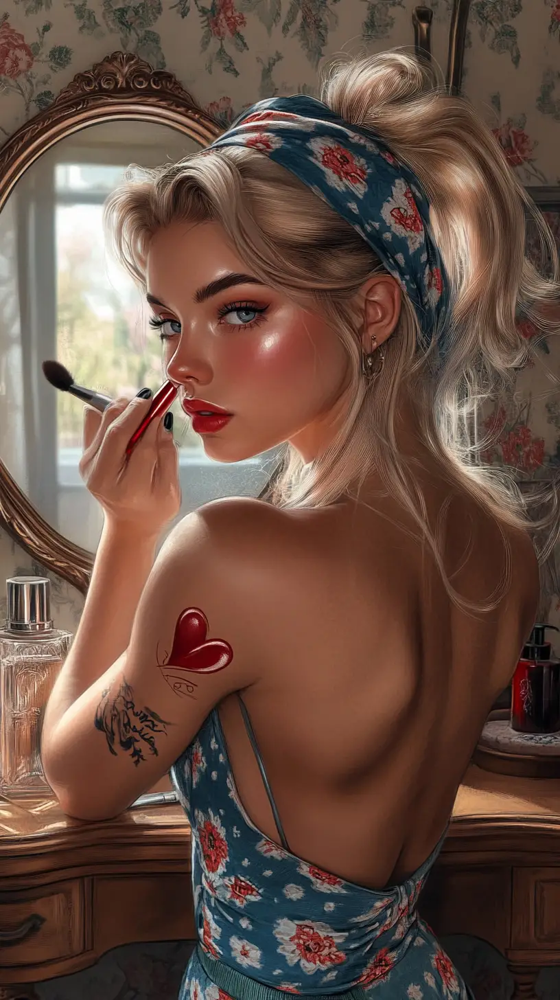 Blonde Frau trägt Lippenstift an einem Vintage-Frisiertisch auf
