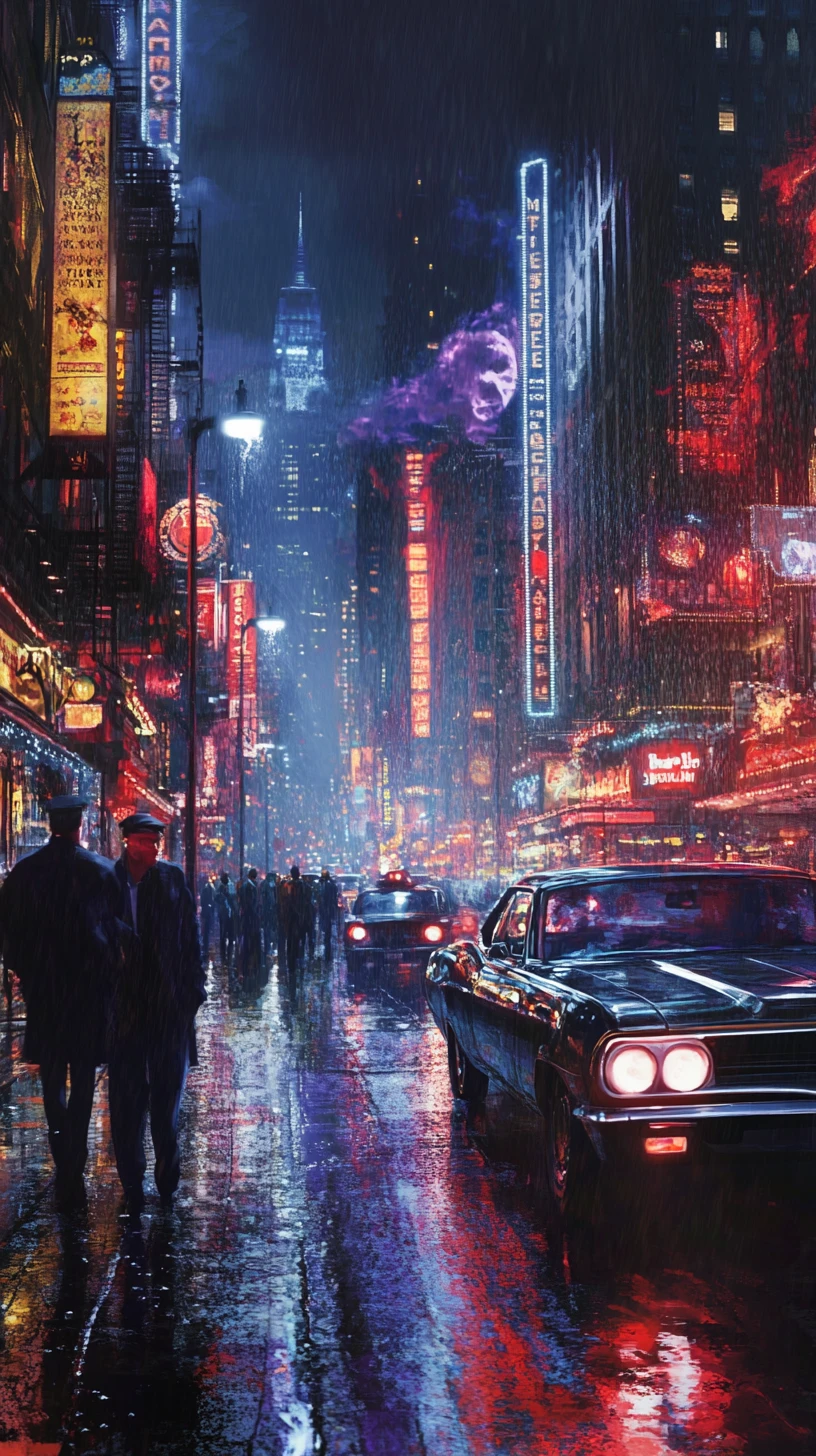 Man standing by a classic car on a quiet boulevard night