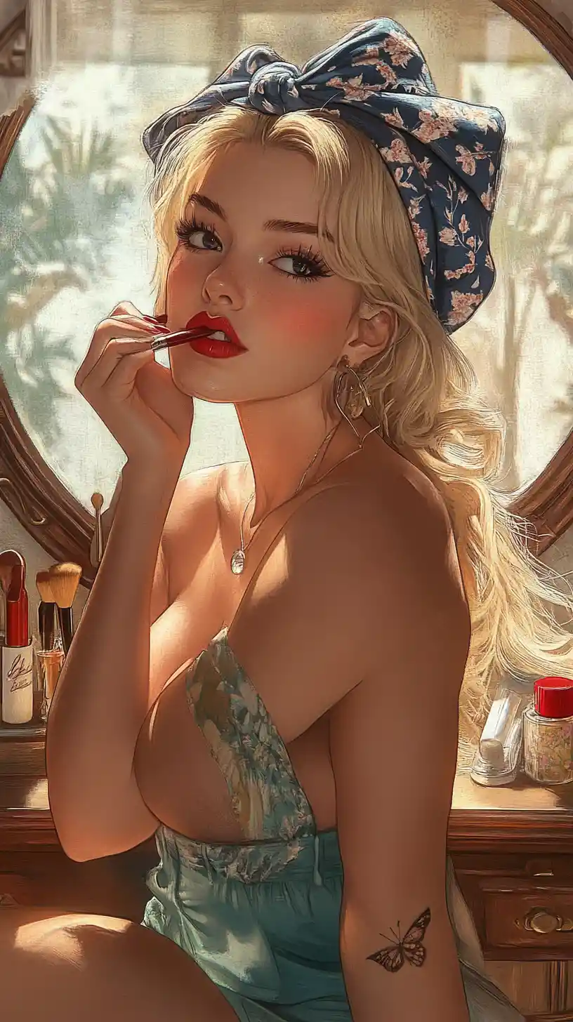 Donna bionda che si mette il rossetto a un tavolo da toeletta vintage