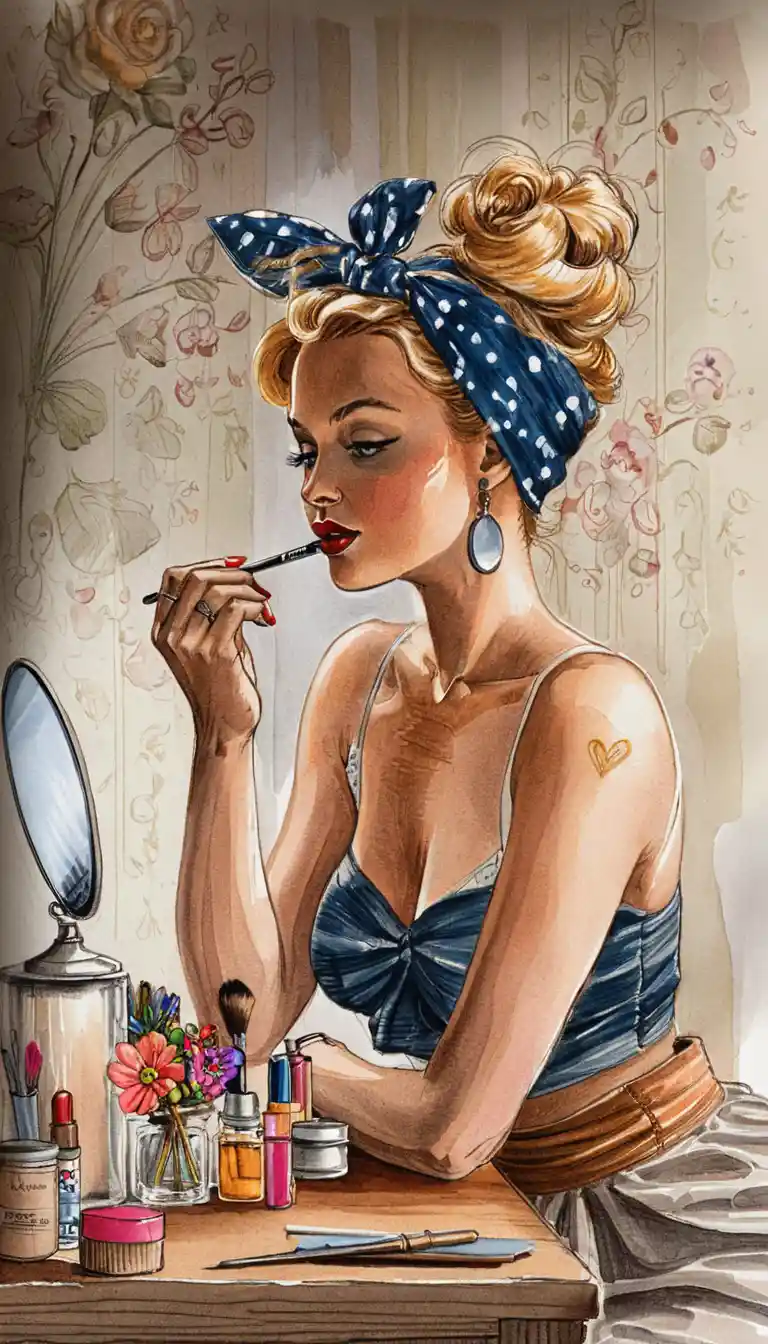 Blonde woman applying lipstick at a vintage dressing table