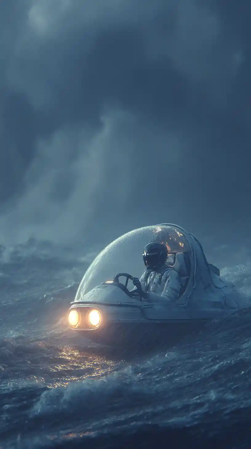 Afrofuturistic man piloting a pod on stormy ocean waves