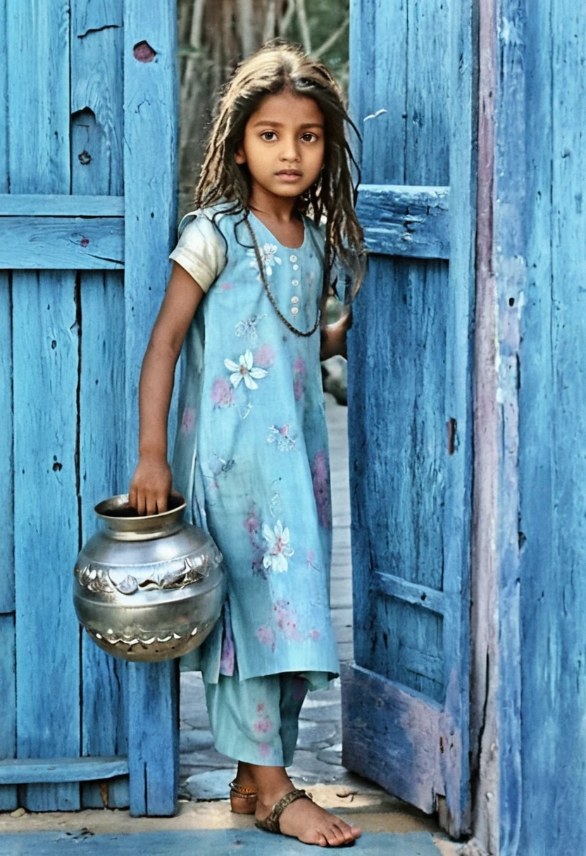 Young girl in blue doorway with metal water vessel