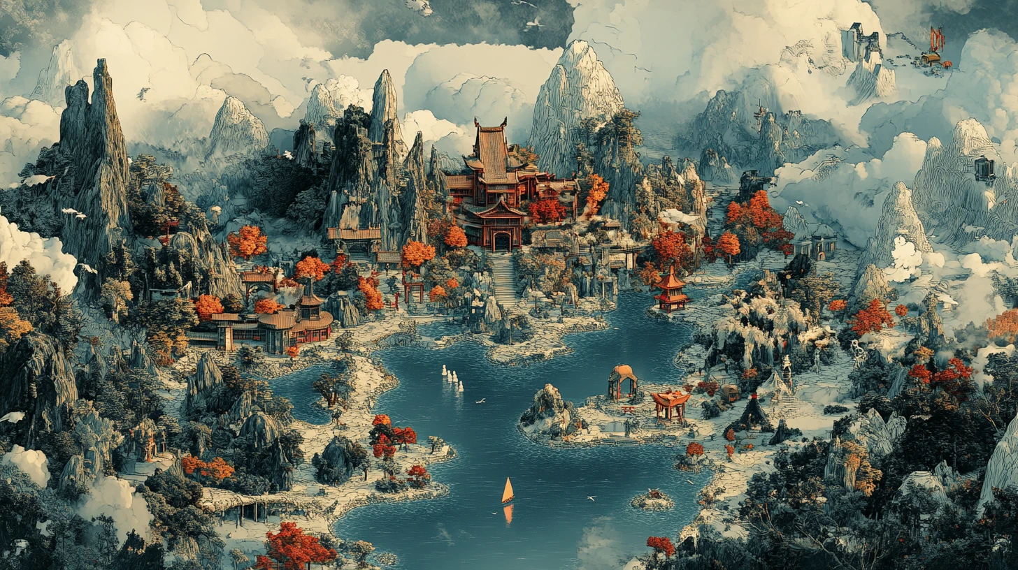Colorful fantasy map of a detailed fictional world