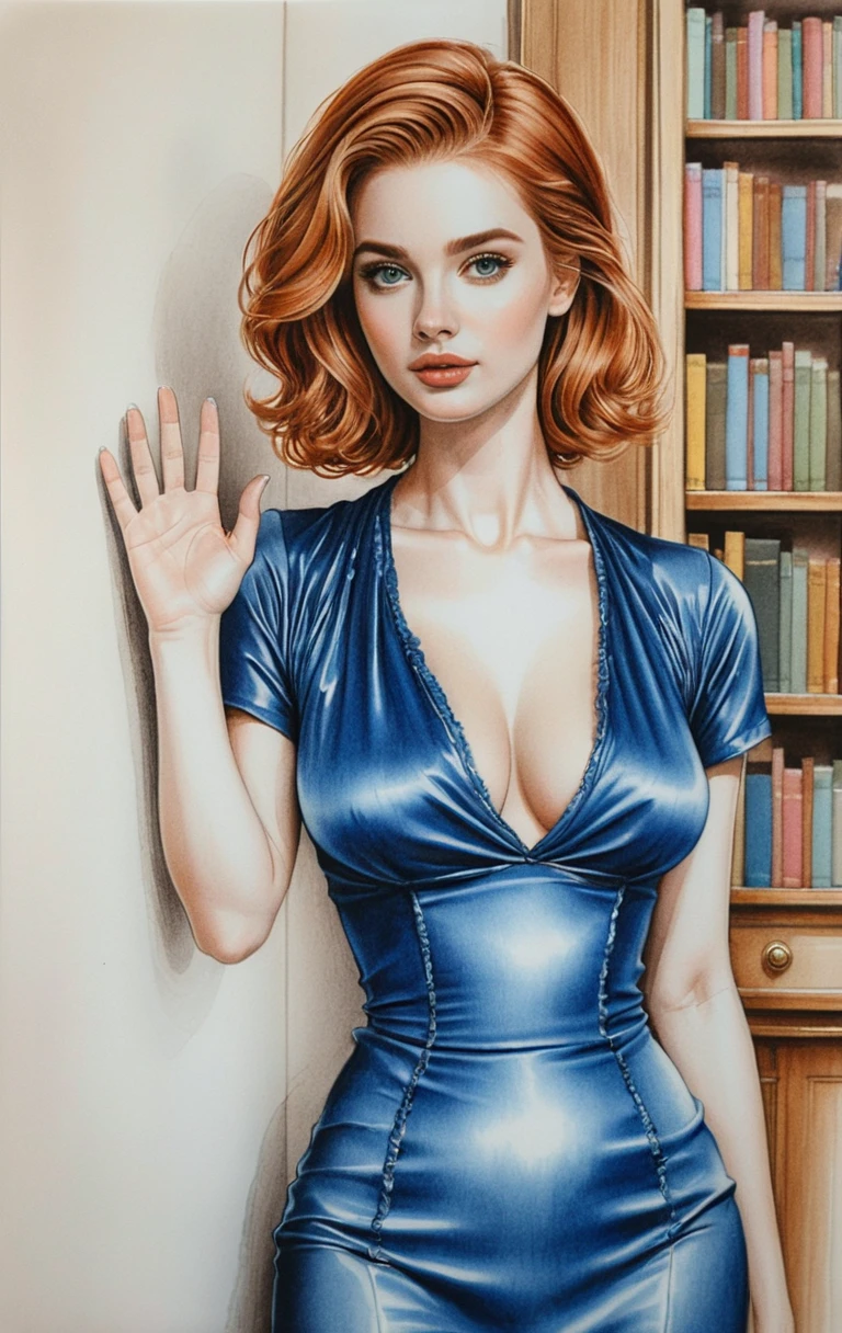 Elegant woman in blue robe color pencil portrait
