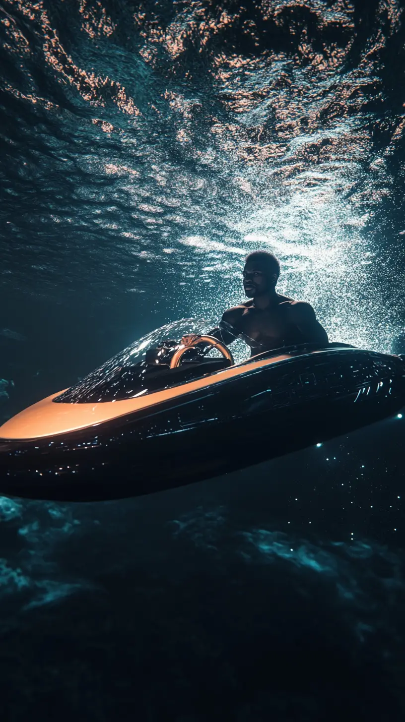 Afrofuturistic man piloting a sleek vessel underwater