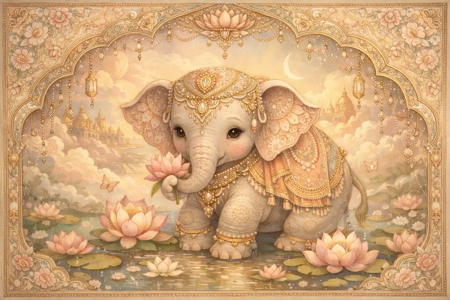 Baby elephant illustration with ornate henna patterns and gold accents