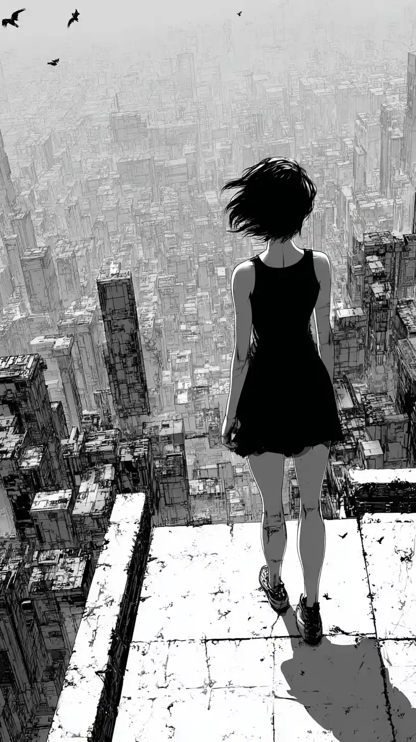 Anime girl on rooftop ledge above vast futuristic city