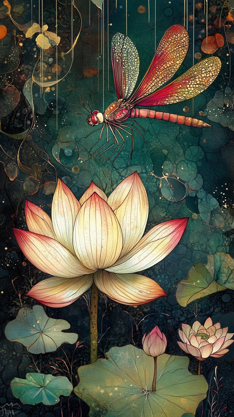 Colorful lotus pond collage with a delicate dragonfly