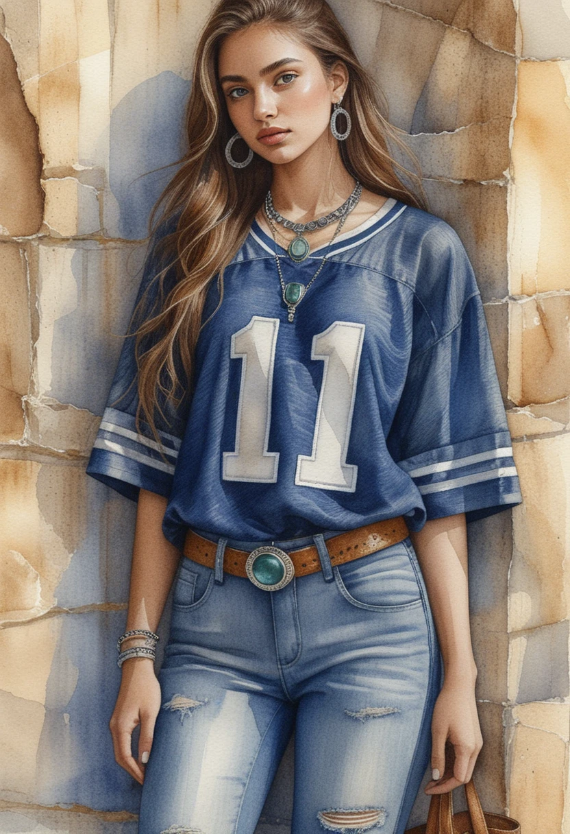 Young woman in blue jersey by sunlit stone wall