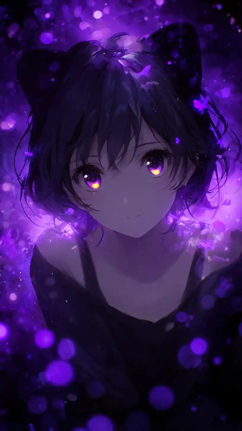 Anime cat girl portrait with glowing purple eyes