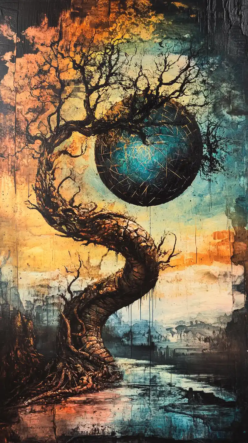 Surreal thorny tree rising over a mystical ancient landscape