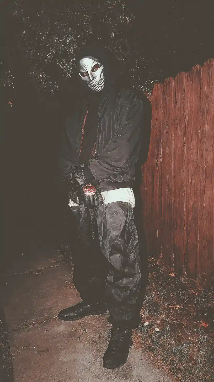 Masked figure walking alone along a dark city street
