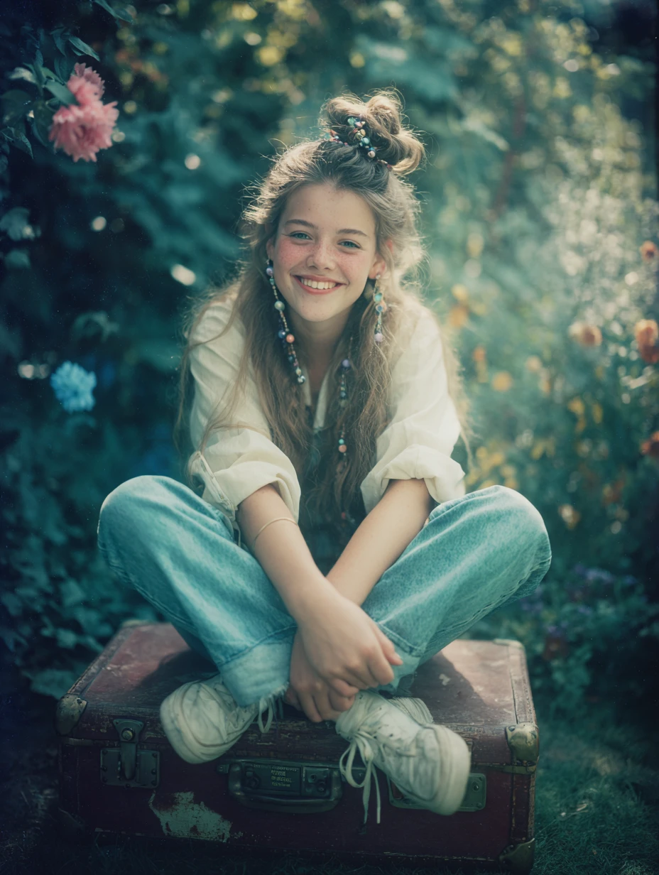 Retrato de chica adolescente sentada sobre una maleta vintage en el jardín