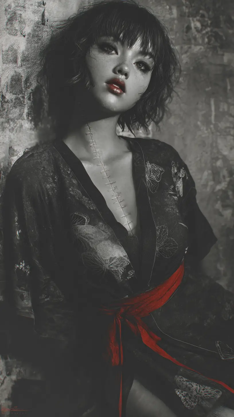 Melancholic girl in dark kimono with stitched face portrait