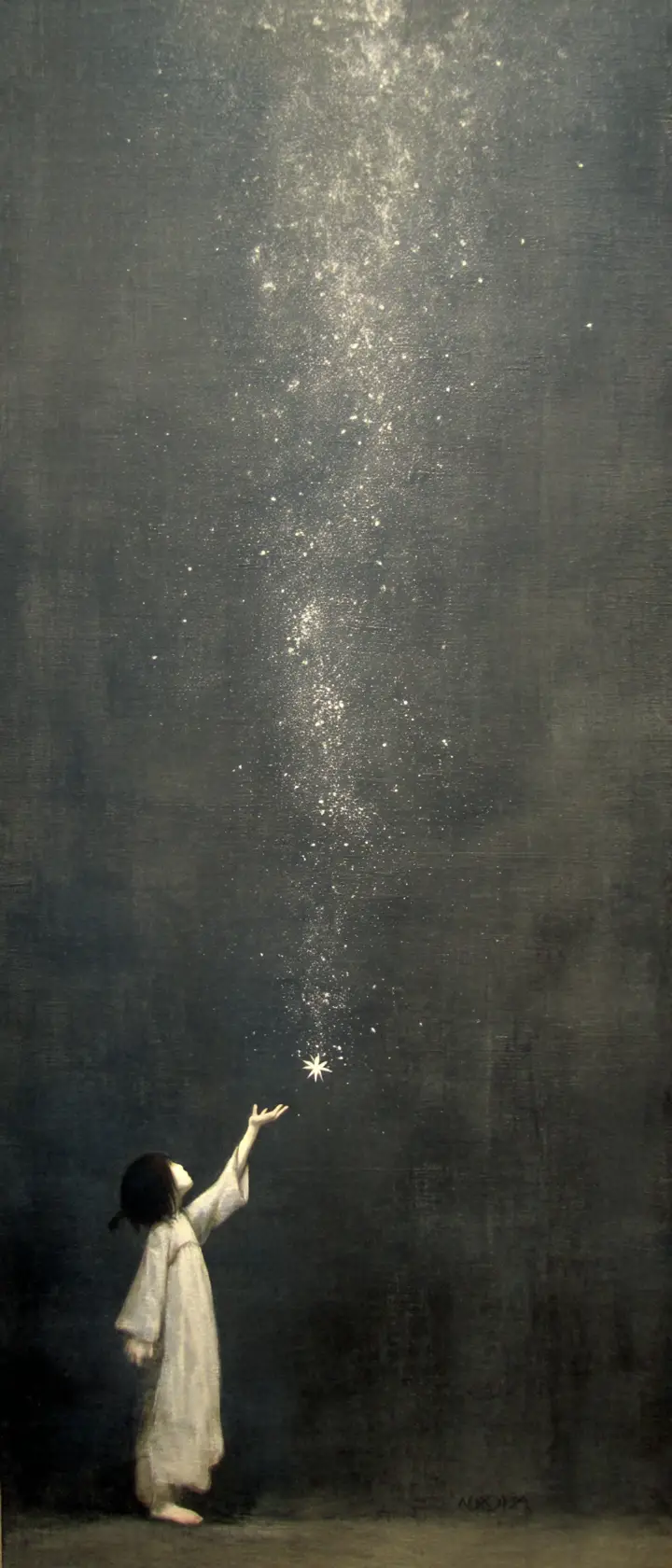 Anime child floating in a dark cosmos reaching for a fading star