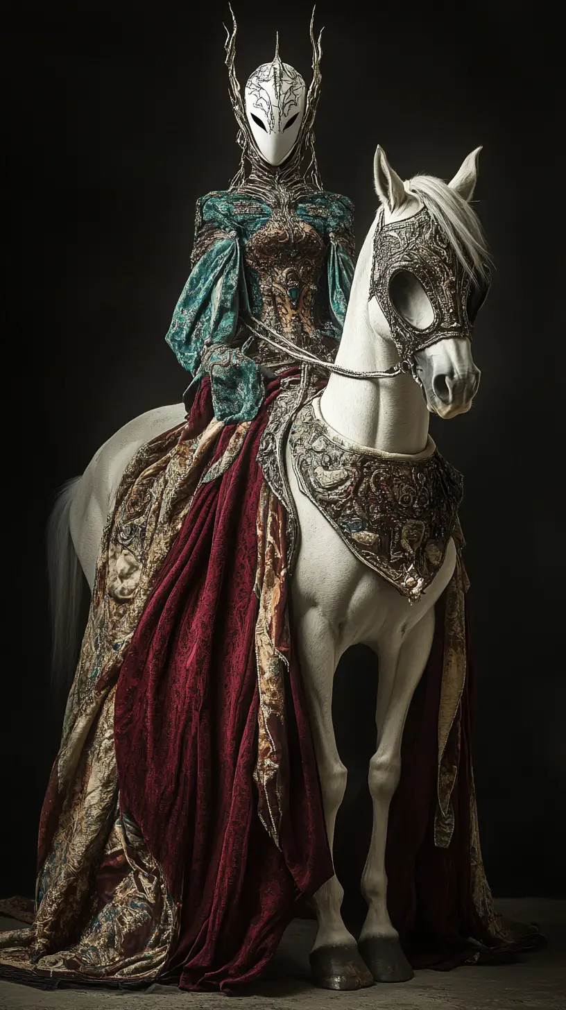 Alien warrior woman on white horse in dark void