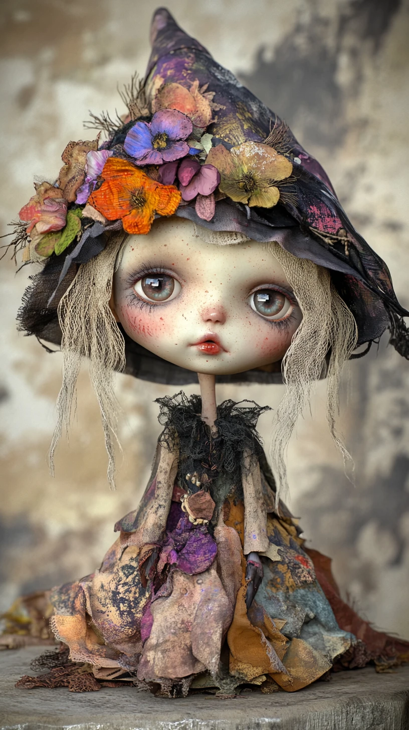 Whimsical gothic fairy doll girl in oversized flowered hat