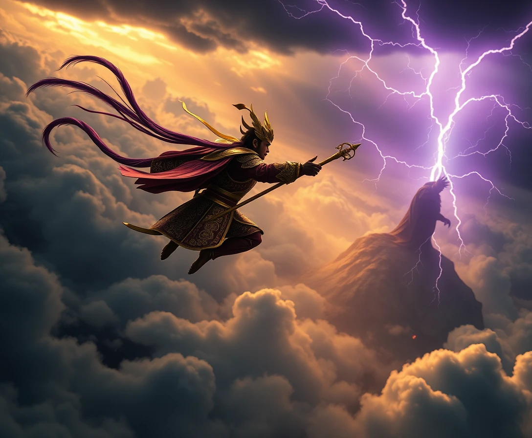 Monkey warrior soaring through storm clouds above mystic mountains