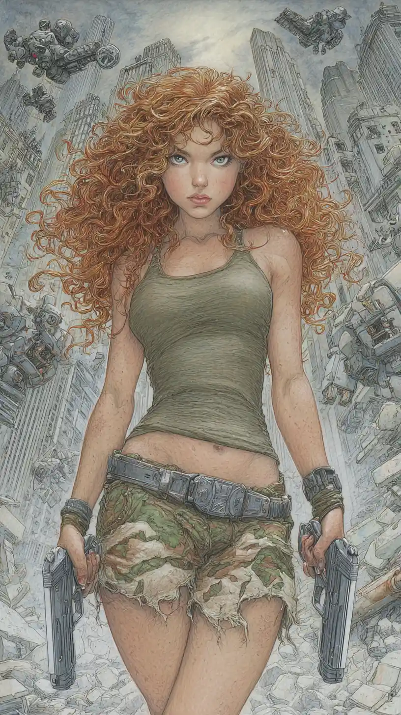 Battle hardened woman with pistols in ruined cityscape