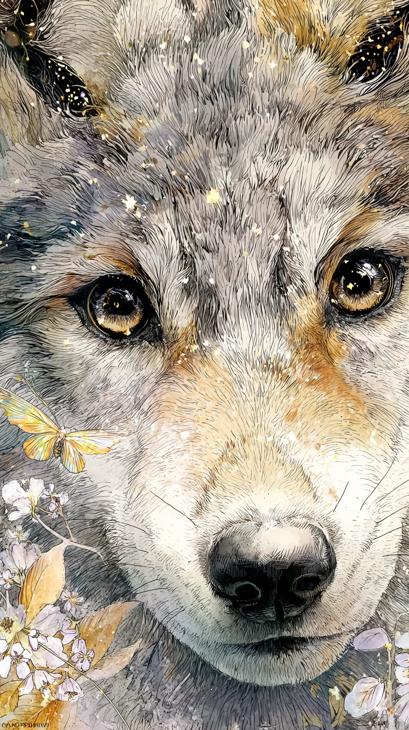 Baby wolf spirit close up with luminous spring forest eyes