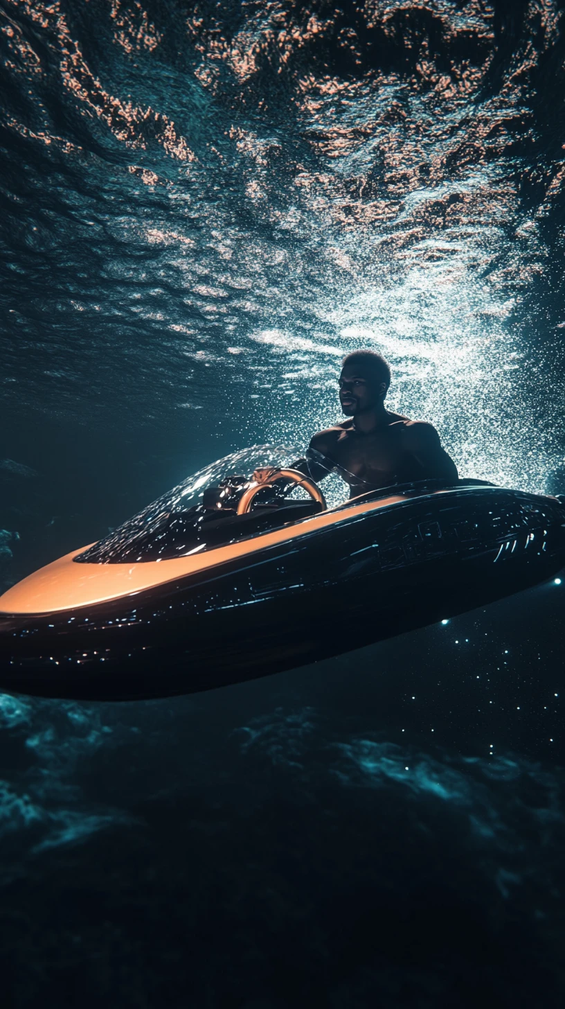 Afrofuturistic man piloting a sleek vessel underwater