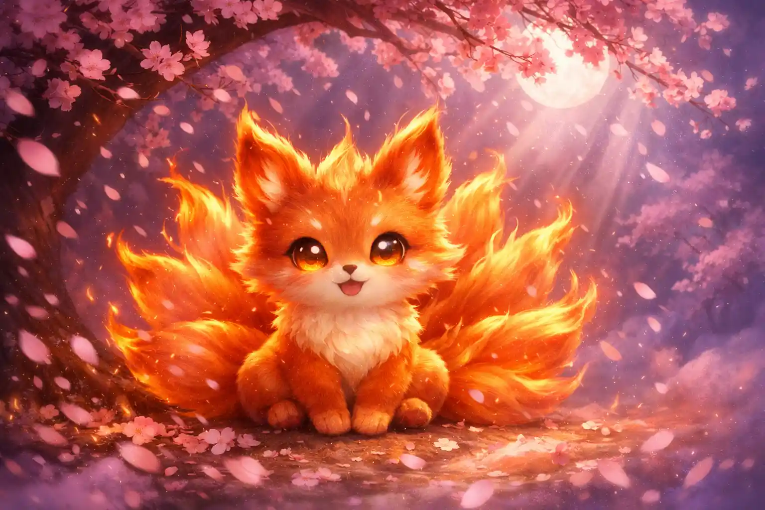 Cute baby kitsune under cherry blossoms in moonlight