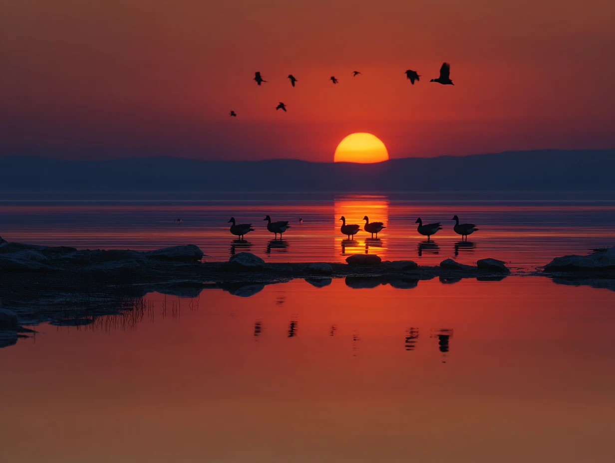 Atardecer pacífico sobre un lago tranquilo con patos nadando